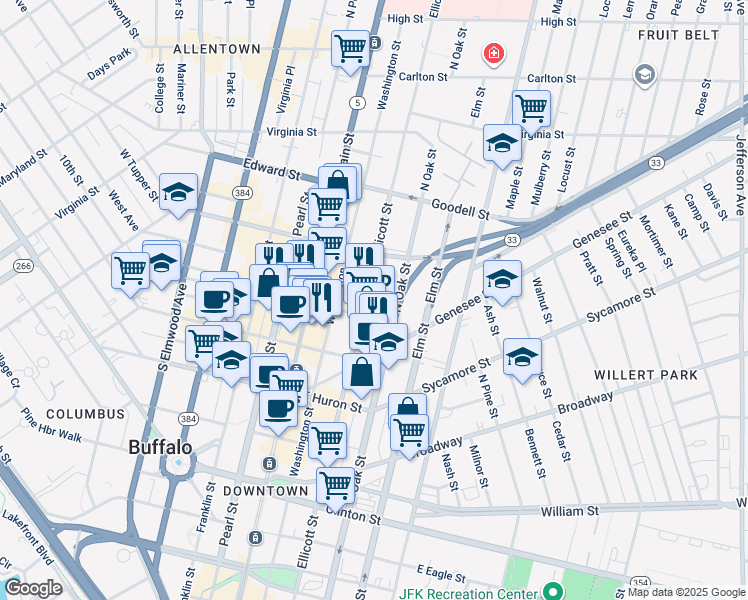 map of restaurants, bars, coffee shops, grocery stores, and more near 465 Ellicott Street in Buffalo