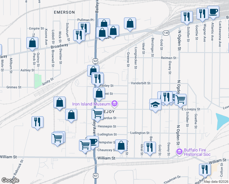 map of restaurants, bars, coffee shops, grocery stores, and more near 70 Regent Street in Buffalo