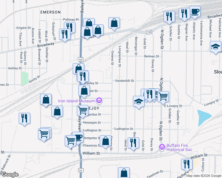map of restaurants, bars, coffee shops, grocery stores, and more near 105 Regent Street in Buffalo