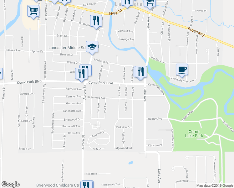 map of restaurants, bars, coffee shops, grocery stores, and more near 25 4th Avenue in Lancaster