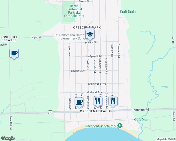 map of restaurants, bars, coffee shops, grocery stores, and more near Daytona Drive in Fort Erie