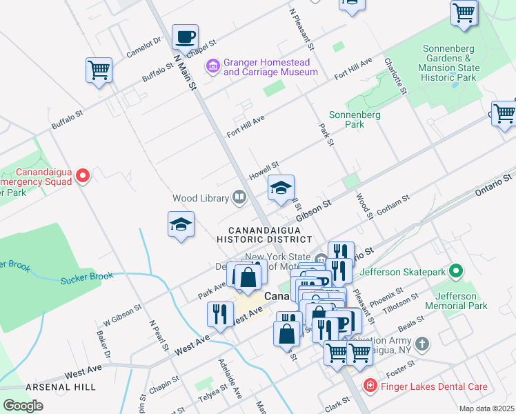 map of restaurants, bars, coffee shops, grocery stores, and more near 104 North Main Street in Canandaigua
