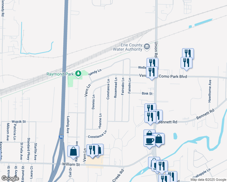 map of restaurants, bars, coffee shops, grocery stores, and more near 49 Rosemead Lane in Buffalo