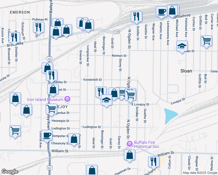 map of restaurants, bars, coffee shops, grocery stores, and more near 224 Gold Street in Buffalo