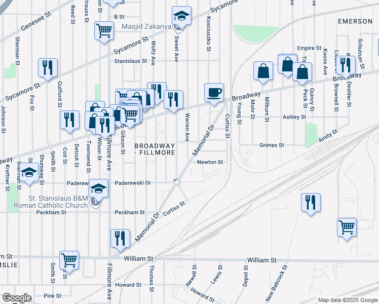 map of restaurants, bars, coffee shops, grocery stores, and more near 11 Warren Avenue in Buffalo