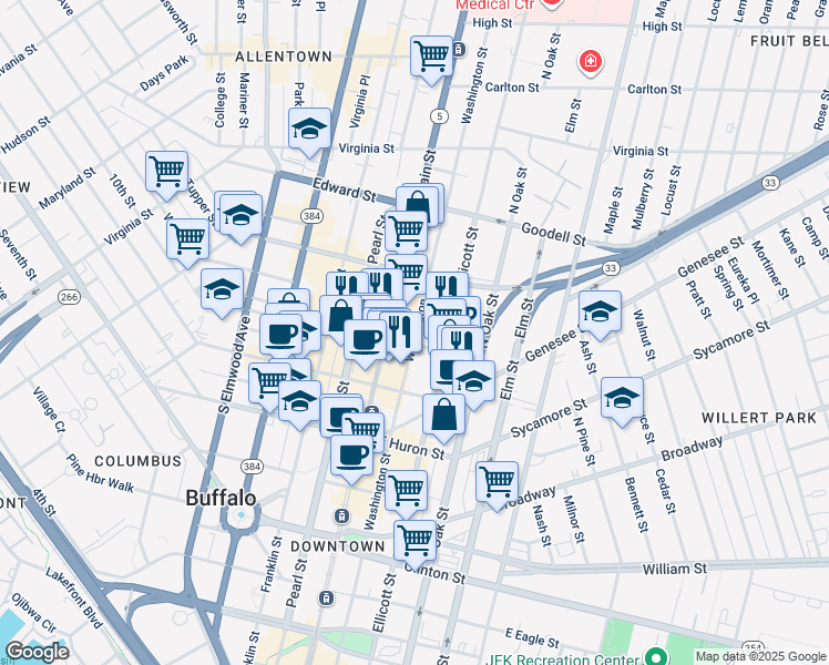 map of restaurants, bars, coffee shops, grocery stores, and more near 639 Main Street in Buffalo
