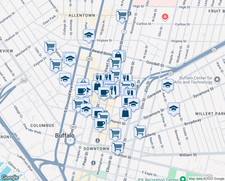 map of restaurants, bars, coffee shops, grocery stores, and more near 639 Main Street in Buffalo