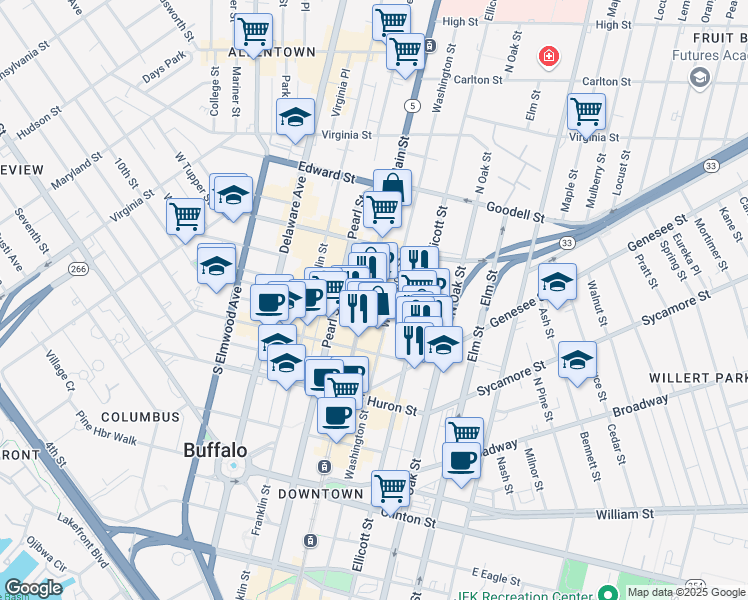 map of restaurants, bars, coffee shops, grocery stores, and more near 639 Main Street in Buffalo