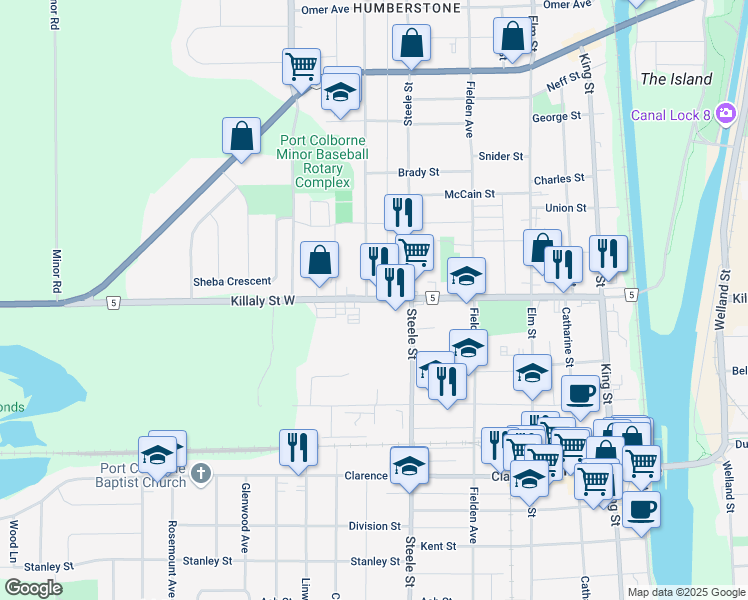 map of restaurants, bars, coffee shops, grocery stores, and more near 258 Killaly Street West in Port Colborne