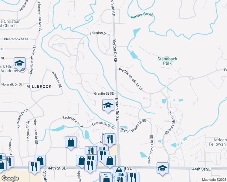 map of restaurants, bars, coffee shops, grocery stores, and more near 3993 Breton Road Southeast in Grand Rapids