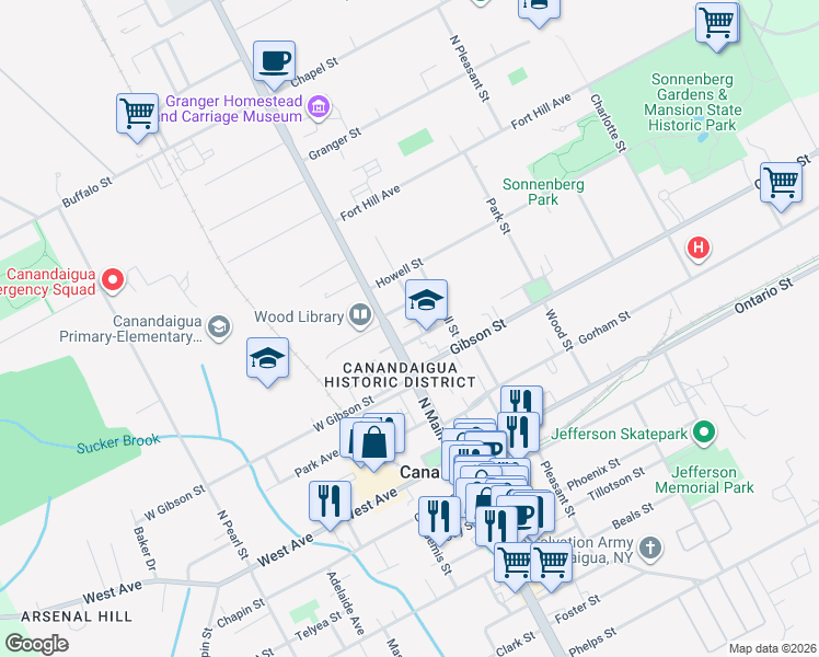 map of restaurants, bars, coffee shops, grocery stores, and more near 95 North Main Street in Canandaigua