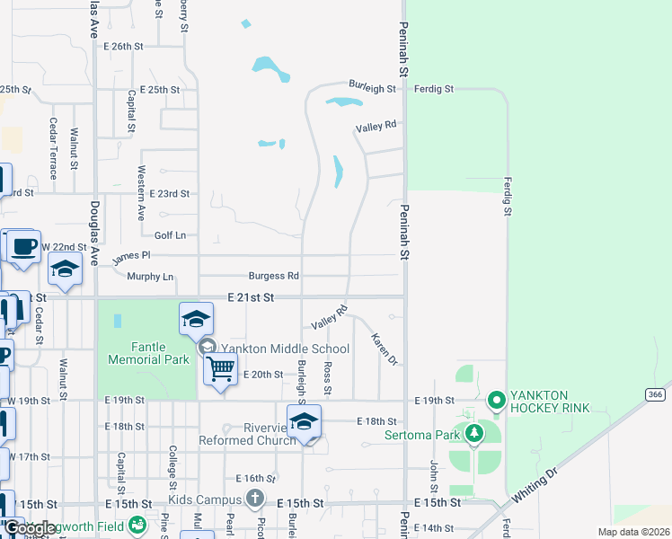 map of restaurants, bars, coffee shops, grocery stores, and more near 2101-2155 Valley Rd in Yankton