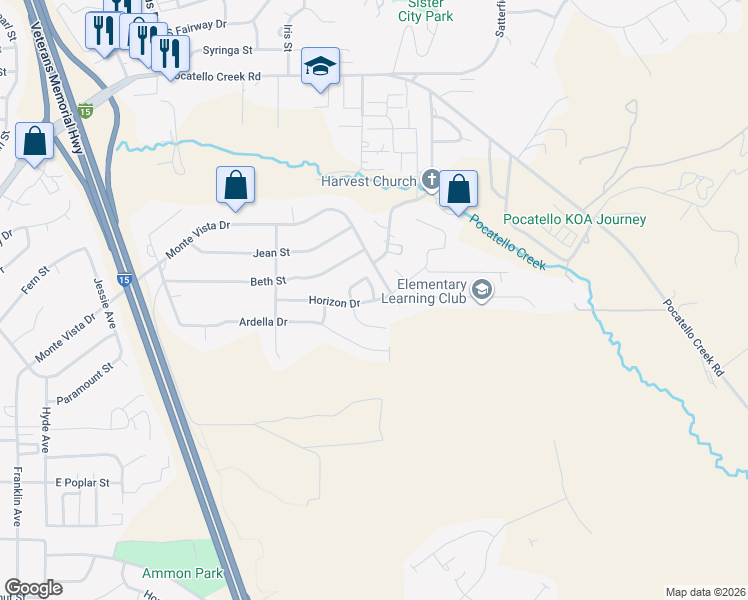 map of restaurants, bars, coffee shops, grocery stores, and more near 999 Centennial Place in Pocatello