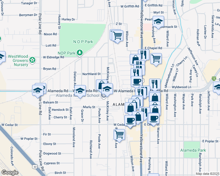map of restaurants, bars, coffee shops, grocery stores, and more near 904 McKinley Avenue in Pocatello
