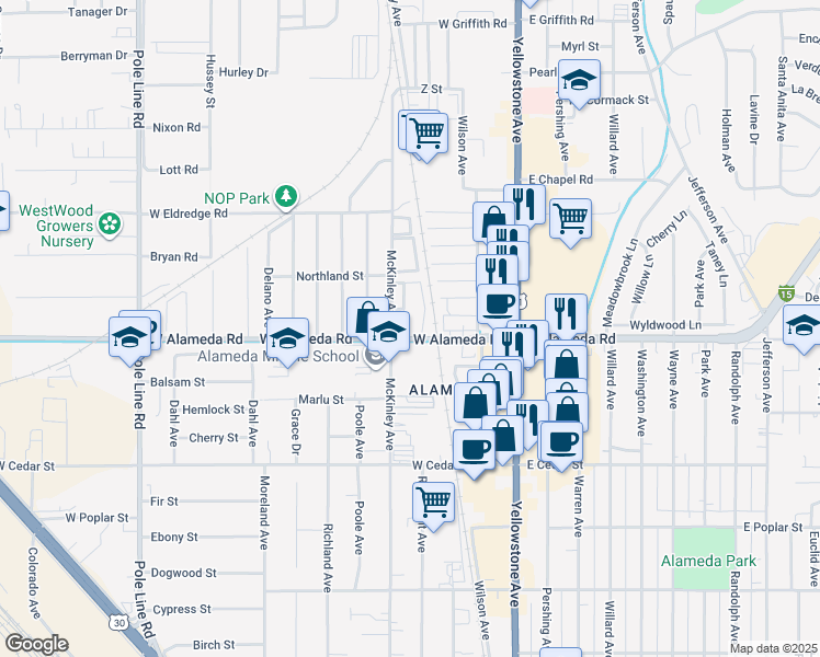 map of restaurants, bars, coffee shops, grocery stores, and more near 4530 South 5th Avenue in Pocatello