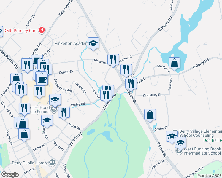 map of restaurants, bars, coffee shops, grocery stores, and more near 124 East Broadway in Derry