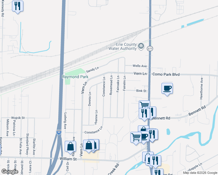 map of restaurants, bars, coffee shops, grocery stores, and more near 49 Rosemead Lane in Buffalo