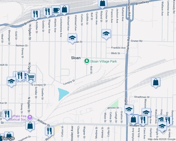 map of restaurants, bars, coffee shops, grocery stores, and more near 1520 Lovejoy Street in Buffalo