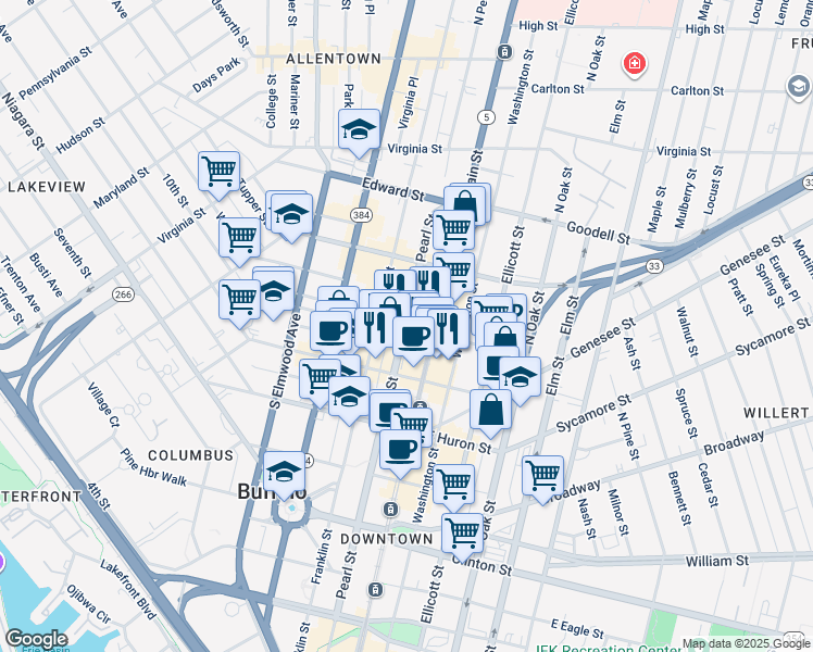 map of restaurants, bars, coffee shops, grocery stores, and more near 622 Main Street in Buffalo