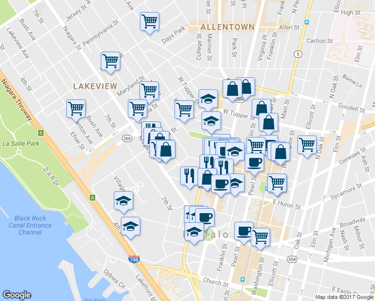 map of restaurants, bars, coffee shops, grocery stores, and more near in Buffalo