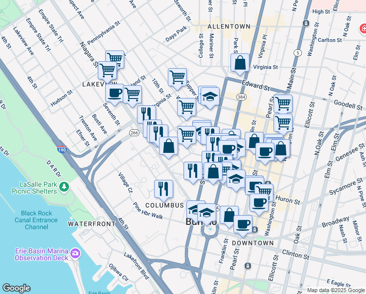 map of restaurants, bars, coffee shops, grocery stores, and more near in Buffalo