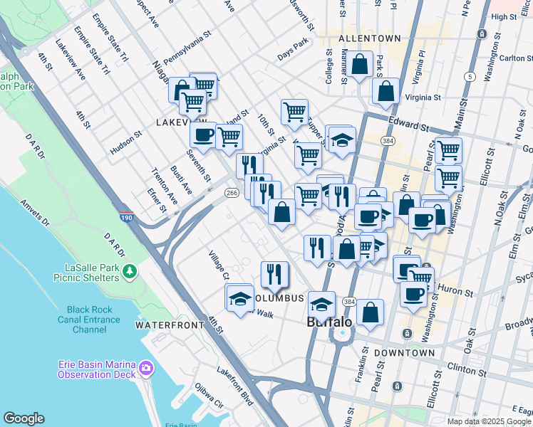 map of restaurants, bars, coffee shops, grocery stores, and more near 231 Niagara Street in Buffalo