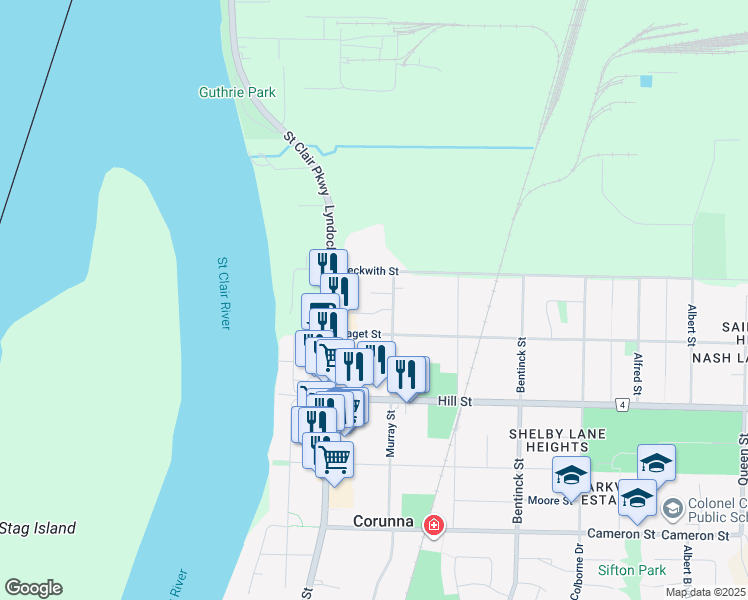 map of restaurants, bars, coffee shops, grocery stores, and more near 204 Paget Street in Corunna