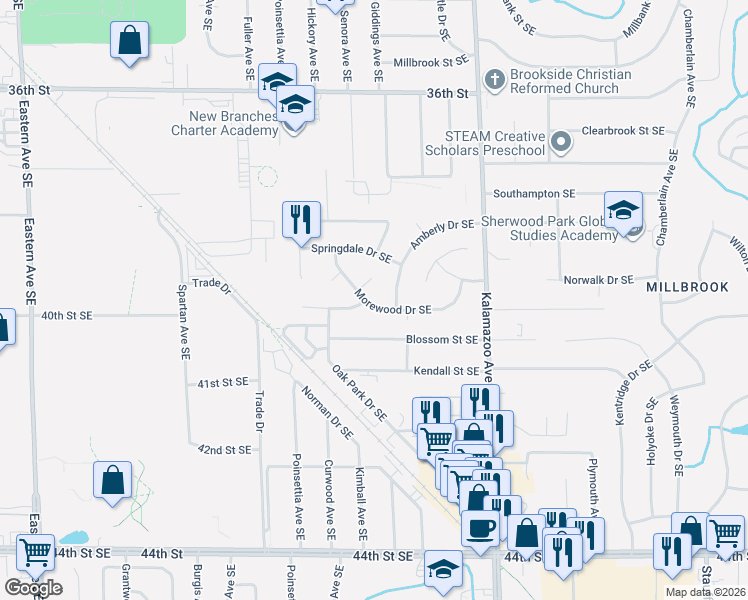 map of restaurants, bars, coffee shops, grocery stores, and more near 1426 Morewood Drive Southeast in Grand Rapids