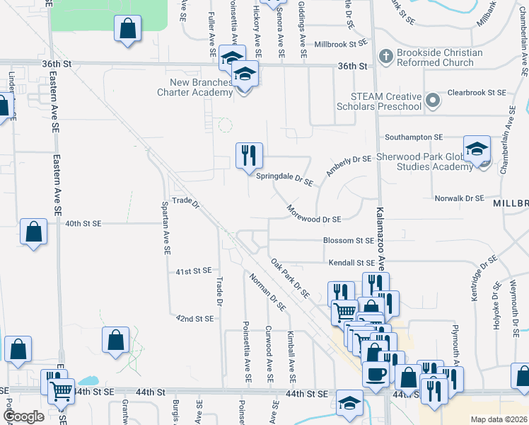 map of restaurants, bars, coffee shops, grocery stores, and more near 1240 Richwood Drive Southeast in Grand Rapids