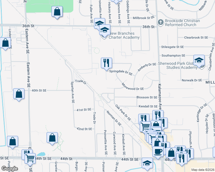 map of restaurants, bars, coffee shops, grocery stores, and more near 1240 Richwood Drive Southeast in Grand Rapids