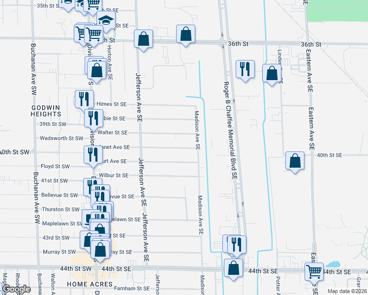 map of restaurants, bars, coffee shops, grocery stores, and more near 331 Burt Avenue Southeast in Grand Rapids