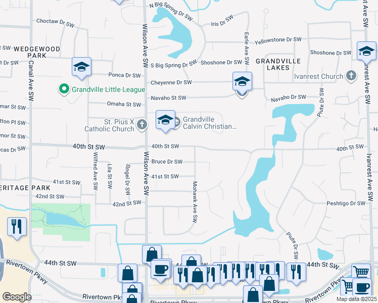 map of restaurants, bars, coffee shops, grocery stores, and more near 3890 Bruce Drive Southwest in Grandville