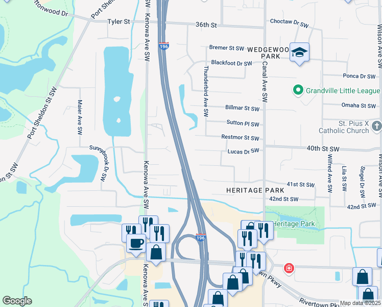 map of restaurants, bars, coffee shops, grocery stores, and more near 7375-7399 Gerald R. Ford Freeway in Grandville
