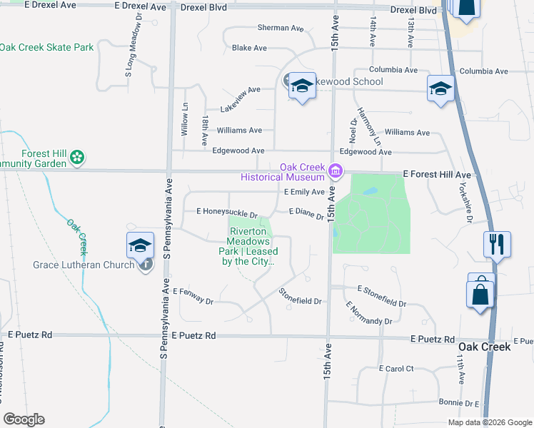 map of restaurants, bars, coffee shops, grocery stores, and more near 2912 East Woodvale Drive in Oak Creek