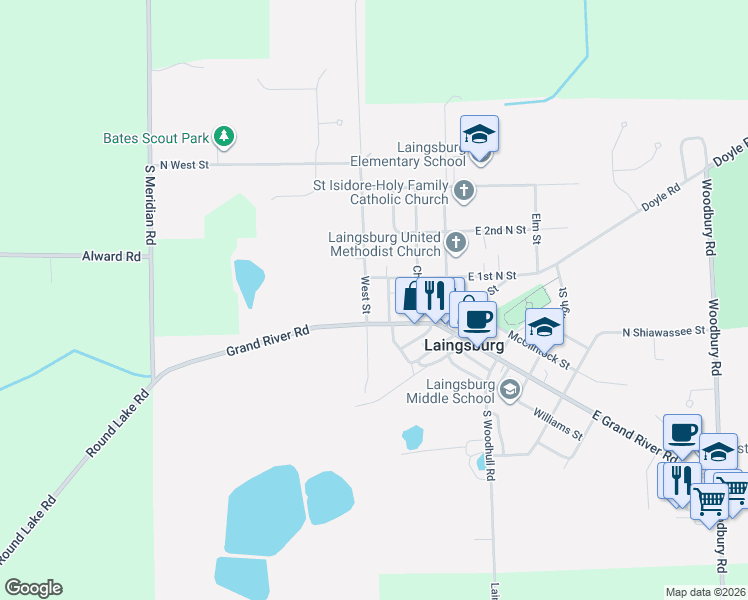 map of restaurants, bars, coffee shops, grocery stores, and more near 113 West Street in Laingsburg