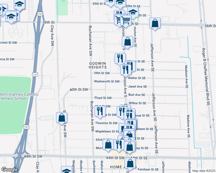 map of restaurants, bars, coffee shops, grocery stores, and more near 112 40th Street Southwest in Grand Rapids