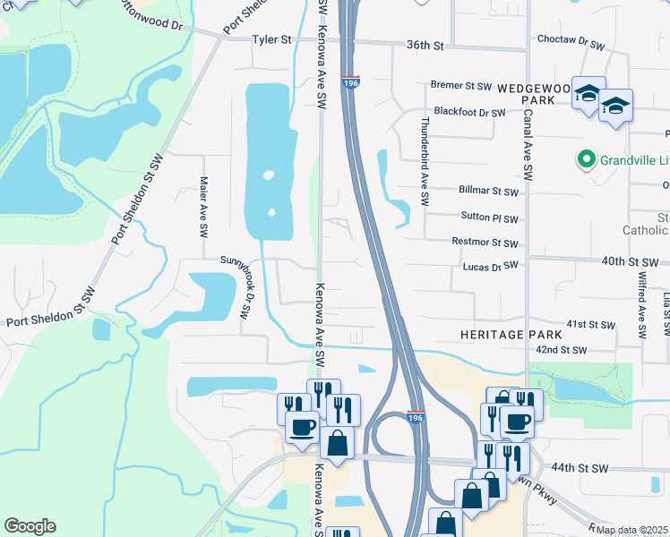 map of restaurants, bars, coffee shops, grocery stores, and more near 4798 Brookside Drive Southwest in Grandville