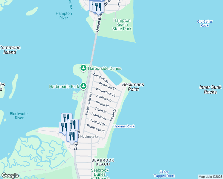 map of restaurants, bars, coffee shops, grocery stores, and more near 72 Woodstock Street in Seabrook