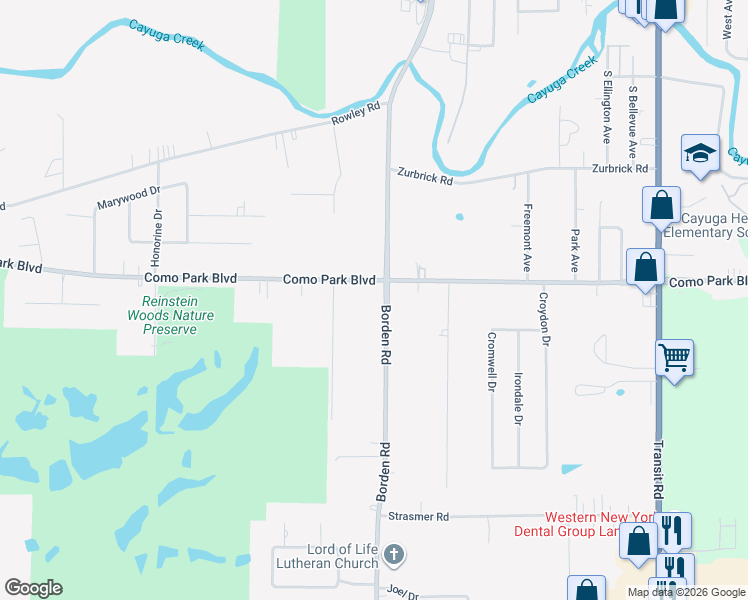 map of restaurants, bars, coffee shops, grocery stores, and more near 1338 Como Park Boulevard in Depew