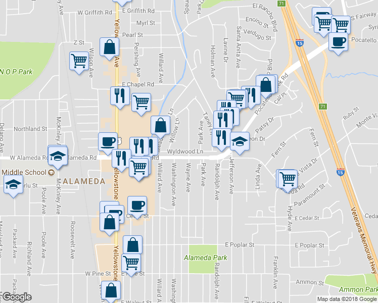 map of restaurants, bars, coffee shops, grocery stores, and more near 601 Wyldwood Lane in Pocatello