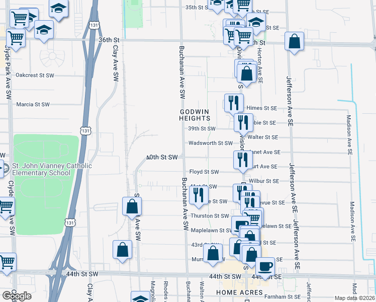 map of restaurants, bars, coffee shops, grocery stores, and more near 3980 Buchanan Avenue Southwest in Wyoming
