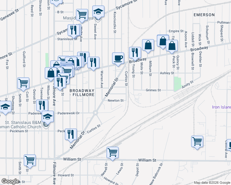 map of restaurants, bars, coffee shops, grocery stores, and more near 20 Concord Street in Buffalo