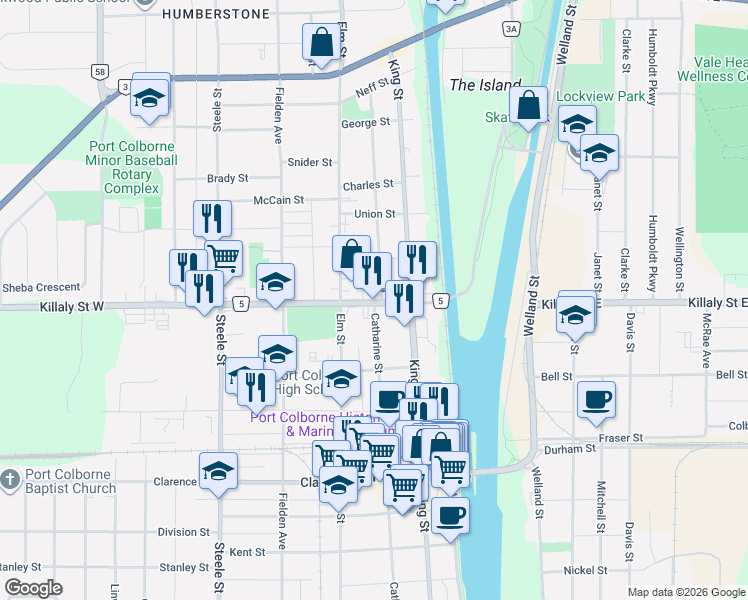 map of restaurants, bars, coffee shops, grocery stores, and more near 12 Erie Street in Port Colborne