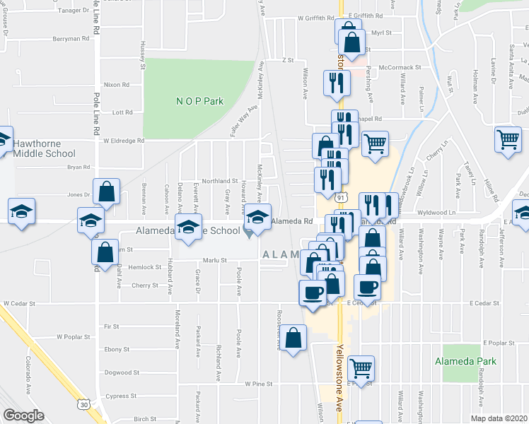 map of restaurants, bars, coffee shops, grocery stores, and more near 957 McKinley Avenue in Pocatello