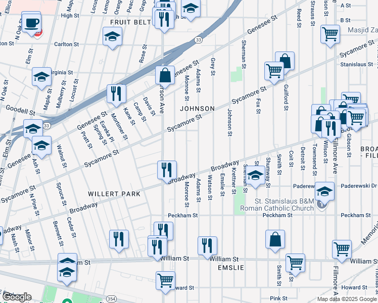 map of restaurants, bars, coffee shops, grocery stores, and more near 452 Monroe Street in Buffalo