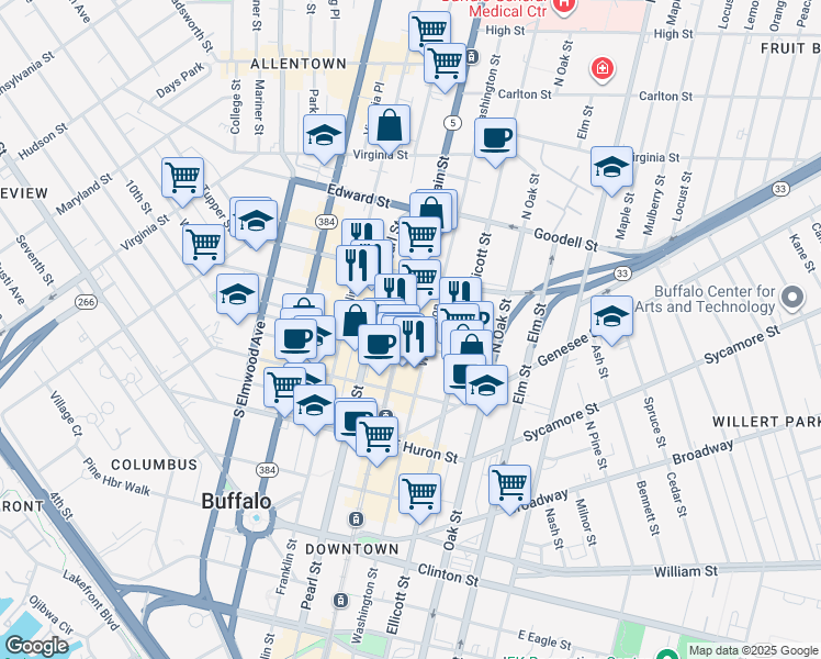 map of restaurants, bars, coffee shops, grocery stores, and more near 689 Main Street in Buffalo
