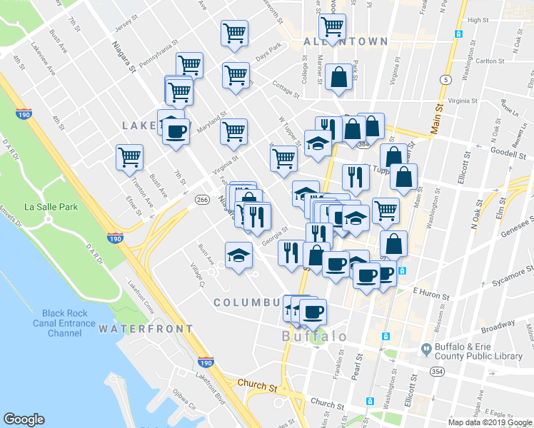 map of restaurants, bars, coffee shops, grocery stores, and more near 41 Whitney Place in Buffalo