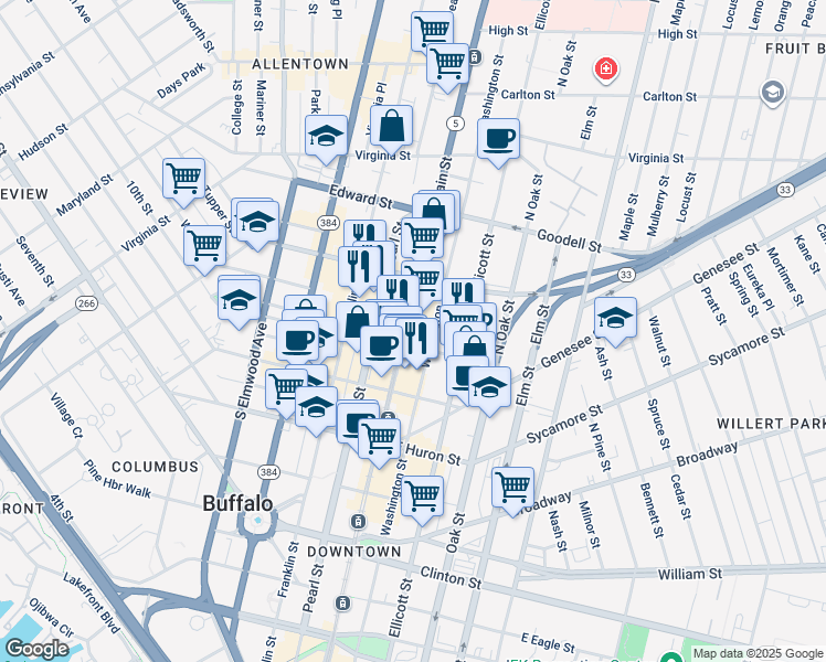 map of restaurants, bars, coffee shops, grocery stores, and more near 655 Main Street in Buffalo