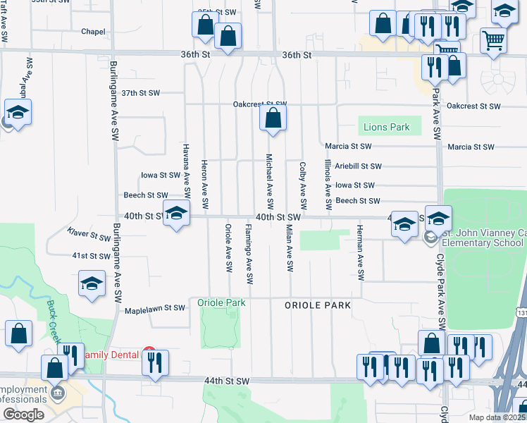 map of restaurants, bars, coffee shops, grocery stores, and more near 1225 40th Street Southwest in Wyoming