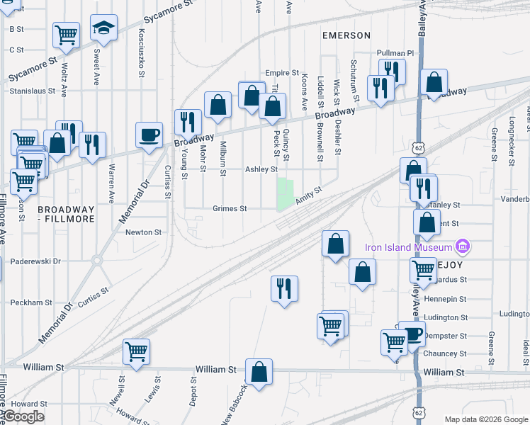 map of restaurants, bars, coffee shops, grocery stores, and more near 19 Krupp Street in Buffalo